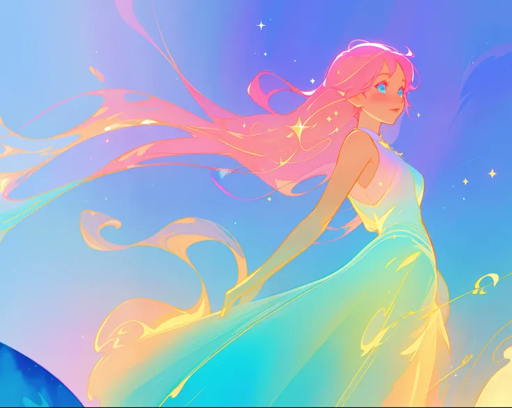 beautiful anime girl in colorful ballgown, vibrant pastel colors, (colorful), magical lights, sparkling liquid light, inspired by Glen Keane, inspired by Lois van Baarle, disney art style, by Lois van Baarle, glowing aura around her, by Glen Keane, jen bar...