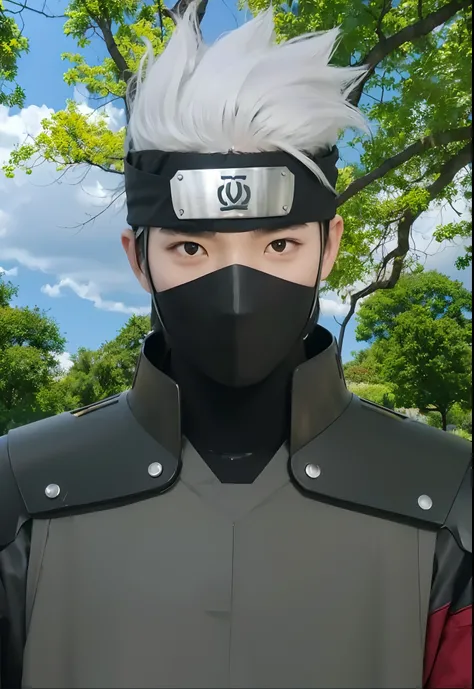 Real life adaption of this character, ((Korean teen handsome face)), Realistic eyes,((Realistic Hair tousled upwards)),((wear realistic black headband with iron plate)), ((realistic same outfit with same iron armor:1.2)), hyper realistic, realism, realisti...