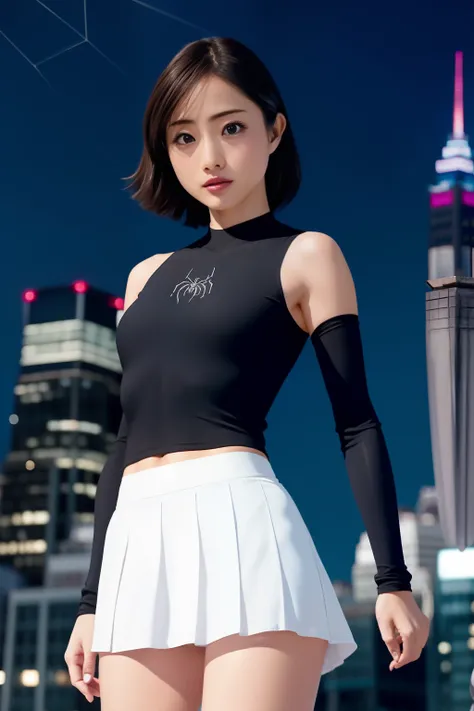 spiderwoman，a miniskirt、spider-colored miniskirt suit，skytree in the background、ultra mini skirt、lift the skirt with both hands ...