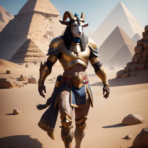 Egyptian goat warrior in realistic 4K rotot armor, full entire body,Super Detailed, Vray Display, Unrealistic engine, Midjourney Art Style.