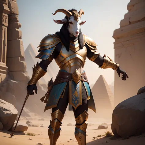 Egyptian goat warrior in realistic 4K rotot armor, full entire body,Super Detailed, Vray Display, Unrealistic engine, Midjourney Art Style.