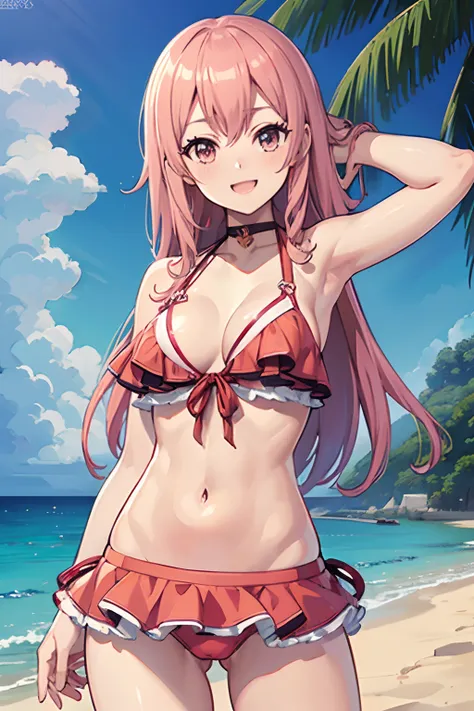 (NSFW:1.2),(Best Quality:1.5, hight resolution,masutepiece、high-level image quality, 4K, Detailed Lighting, Shaders),Fujitakana,Long hair,Pink hair,(The bikini:1.4),embarrassed、A smile、(the beach:1.4),nipples