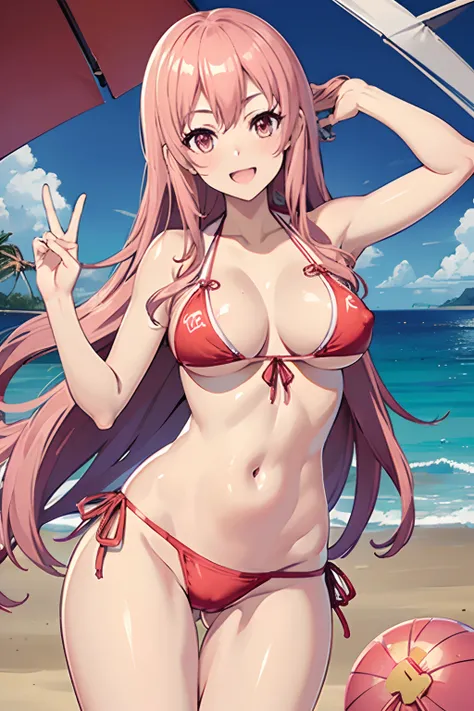 (NSFW:1.2),(Best Quality:1.5, hight resolution,masutepiece、high-level image quality, 4K, Detailed Lighting, Shaders),Fujitakana,Long hair,Pink hair,(The bikini:1.4),embarrassed、A smile、(the beach:1.4),nipples