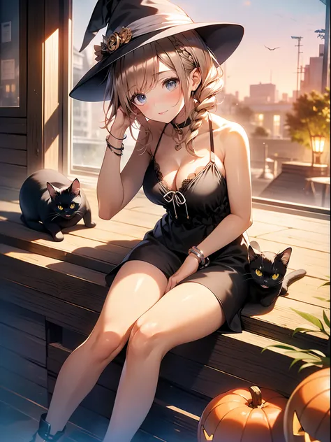 in 8K、top-quality、​masterpiece、ultra-detailliert、Ultra-high resolution、((1 persons))、girl with、Halloween、midnight、crescent、witchs hat、a blond、a short bob、Braided hair、Black Dress、cleavage of the breast、bare shoulders​、Clean thighs、makeups、eyeshadows、A brac...