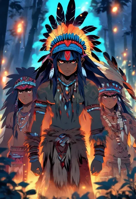 (((Tribe of Indians))) best quality, very high resolution, 4K detailed CG, masterpiece,tribes, hollow, city, forest, aesthetics, beautiful image, centered on screen, full body