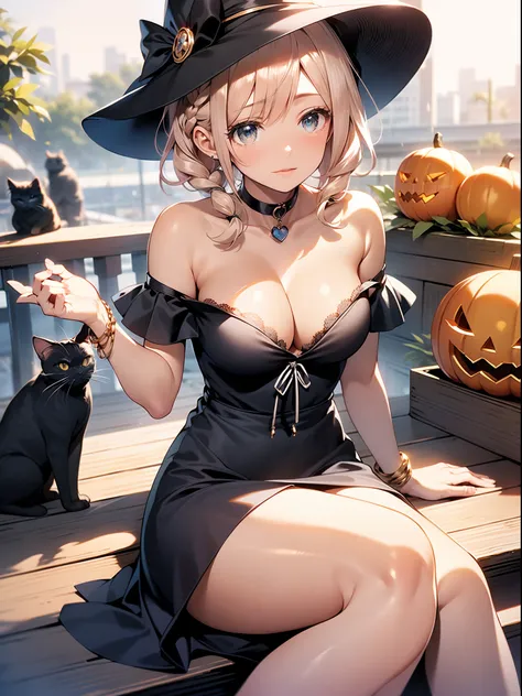 in 8K、top-quality、​masterpiece、ultra-detailliert、Ultra-high resolution、((1 persons))、girl with、Halloween、midnight、crescent、witchs hat、a blond、a short bob、Braided hair、Black Dress、cleavage of the breast、bare shoulders​、Clean thighs、makeups、eyeshadows、A brac...