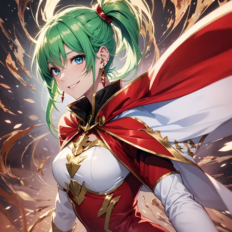 Anime style, female character, (((red clothes))), green hair, side ponytail, golden triangle earrings, blue eyes, beautiful smile, white cape covering the bust, white long boots, detailed, 8k, high quality, emotional effects, anime style --auto --s2