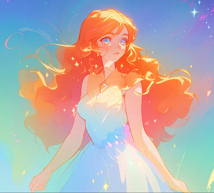 beautiful anime girl in white princess ballgown, vibrant pastel colors, (colorful), magical lights, red and gold long wavy curly hair, sparkling lines of light, inspired by Glen Keane, inspired by Lois van Baarle, disney art style, by Lois van Baarle, glow...