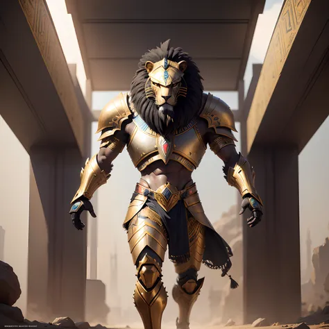 Egyptian robot lion warrior in realistic 4K armor, full entire body,Super Detailed, Vray Display, Unrealistic engine, Midjourney Art Style.