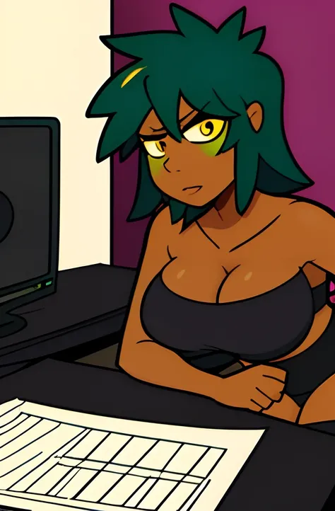 The most beautiful and saggy tits sexy punk rock girl, black Afro, rainbow hair, yellow eyes, dark skin, Artwork perfect, high quality, High resolution, black bra and black shorts, breasts spilling out, sitting down, at desk, working on computer with bluep...