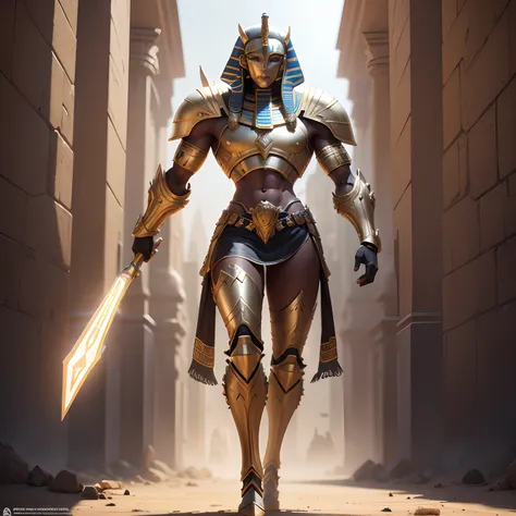 Egyptian robot sphinx warrior in realistic 4K armor, full entire body,Super Detailed, Vray Display, Unrealistic engine, Midjourney Art Style.