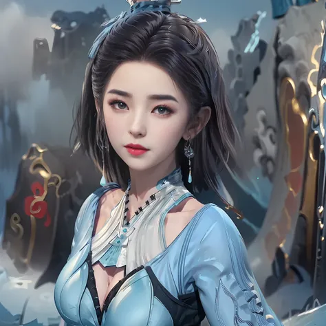 A closeup of a beautiful and sexy 20 year old girl, ((wearing a super thin blue hanfu:1.8)), a hanfu with diamonds, ((short platinum hair:1.6)), bangs, jewelry elaborately made from precious stones and beautiful hair, ((wearing a black lace necklace:1.4)))...