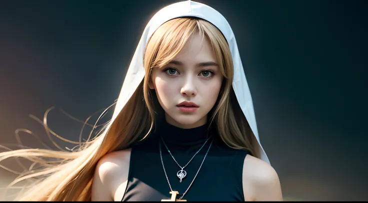 ((blonde hair)), long hair, ((green eyes)), ((split bangs)), dark teal nun outfit with light blue accents, silver cross necklace, white skin, 18 year old, half body portrait, beauty, 1, slender, extremely beautiful face, exquisite face, seductive look