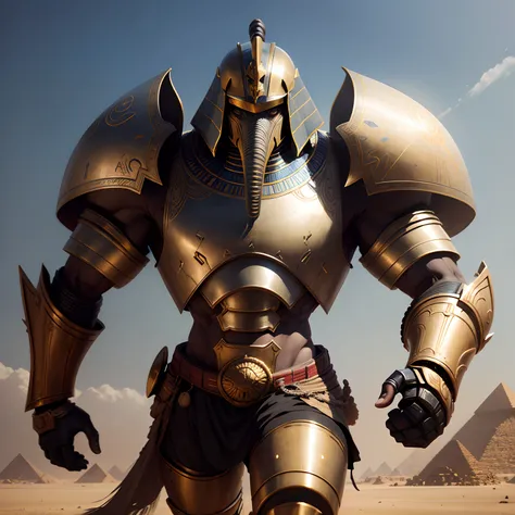 Egyptian robot elephant warrior in realistic 4K armor, full entire body,Super Detailed,Pyramids, Vray Display, Unrealistic engine, Midjourney Art Style.