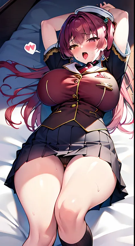 Highly detailed and realistic CG, Colorful, Masterpiece, Best Quality, magnificent,1girl, Marine, large breasts, sagging breasts, school uniform, on bed, lying, arms up, blush, open mouth, sweat drop, heart spoken, tongue, mini skirt,