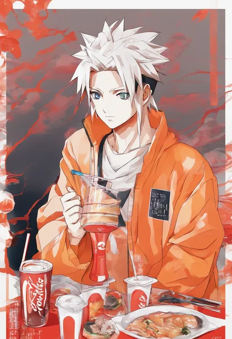 anime naruto sentado na mesa do mc donalds comendo um big mc e tomando uma coca cola. imagem ultra detalhada, ultra realista, detalhes expressivos do rosto que esta feliz. cores vibrantes e intensas