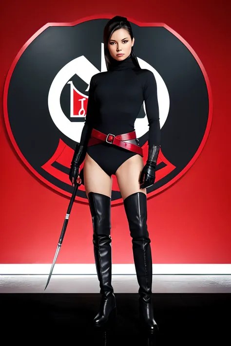 villainess　assassin　Cold　High neck leotard　A black　Riding boots　Jockey Boots　gloves　　red scarf　a belt　　japanes　　boots　globe　Full body tights　coat of arms