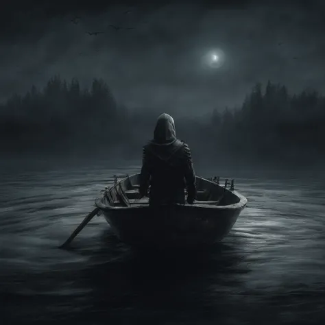 Boy sitting in boat, sword in hand, cape, loneliness, high resolution, sea of stars, vista, romance, smallness