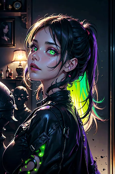 ((close-up portrait of a girl with green eyes)), with glowing purple eye light, violet luminous rays, dark fantasy portrait, por...