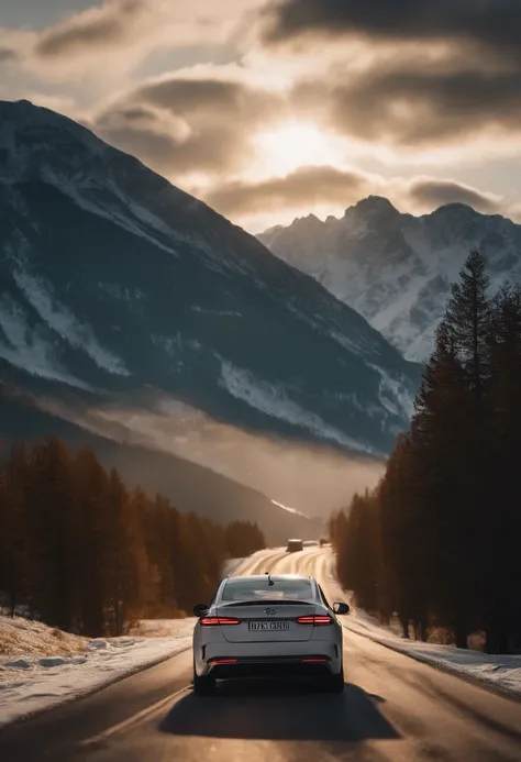 A car driving on the road, the sunset and the snowy mountains in the distance, lighting up the car and the road, snow, intricate details, realistic, ultra-realistic, masterpieces, best quality, official art, backlit, white clouds, backlit, extremely detail...