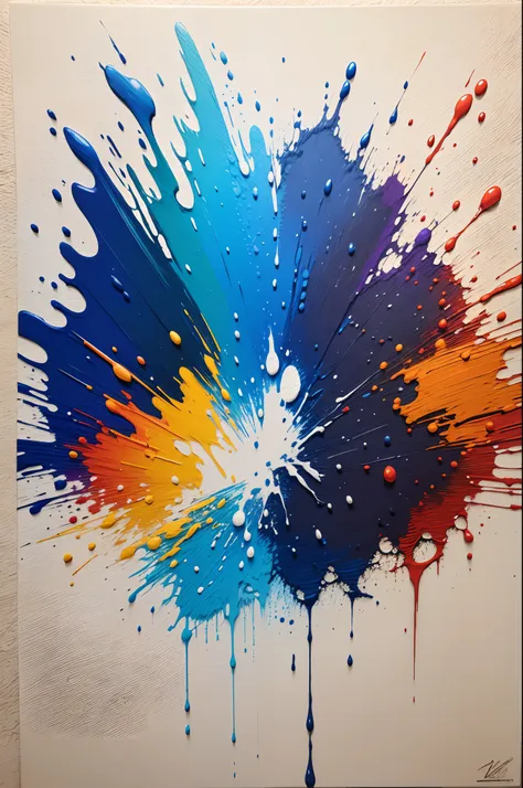 pintura de uma pena colorida em um fundo azul, brushstrokes oil painting, colorful explosion, brightly coloured oil on canvas, detalhe: Acrylic Knife Palette, pintura com faca de paleta, brushstroke oil painting, oil painting with brushstrokes, faca de pal...