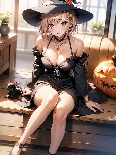 in 8K、top-quality、​masterpiece、ultra-detailliert、Ultra-high resolution、((1 persons))、girl with、Halloween、natta、Crescent、witchs hat、a blond、a short bob、Braided hair、Black Dress、cleavage of the breast、bare shoulders​、Clean thighs、makeups、eyeshadows、A bracele...