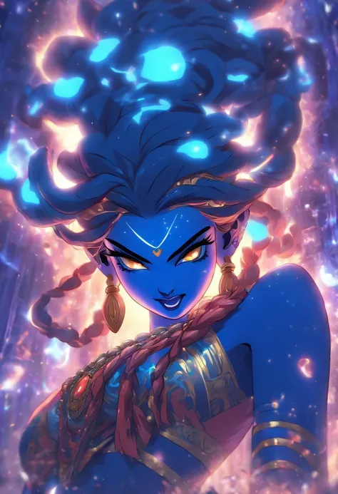 (((Hindu Goddess))) best quality, ultra-high resolution, 4K detailed CG, master piece, Kali, Hanging Tongue, tongue out, blue, iron gaze, blood, Hindu mythology, Hinduist, aesthetic, beautiful, centered image on the screen