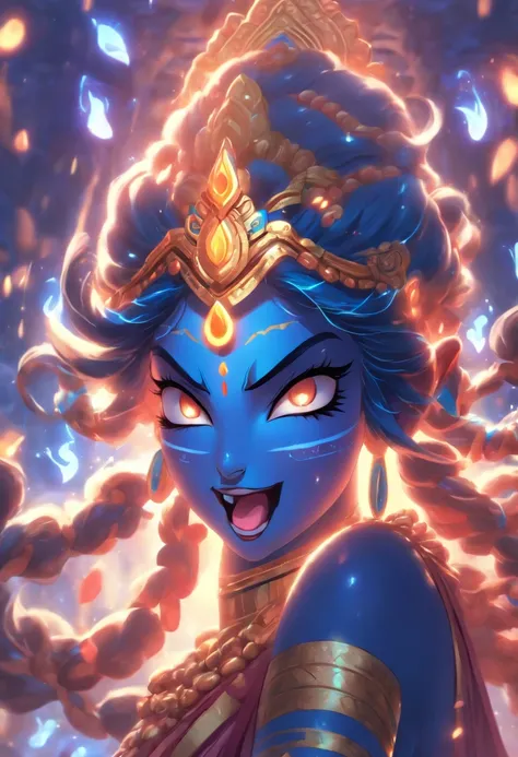 (((Hindu Goddess))) best quality, ultra-high resolution, 4K detailed CG, master piece, Kali, Hanging Tongue, tongue out, blue, iron gaze, blood, Hindu mythology, Hinduist, aesthetic, beautiful, centered image on the screen