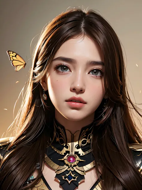 8k portrait of a beautiful cyborg with brown hair, intrincado, elegante, muy detallado, majestuoso, Raw half-length photography, arte de artgerm y ruan jia y greg rutkowski filigrana de mariposa dorada, vidrios rotos (obra maestra, sidelit, hermosos ojos f...