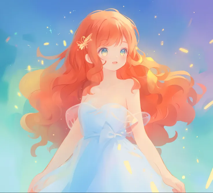 beautiful anime girl in white princess ballgown, vibrant pastel colors, (colorful), magical lights, red and gold long wavy curly hair, sparkling lines of light, inspired by Glen Keane, inspired by Lois van Baarle, disney art style, by Lois van Baarle, glow...