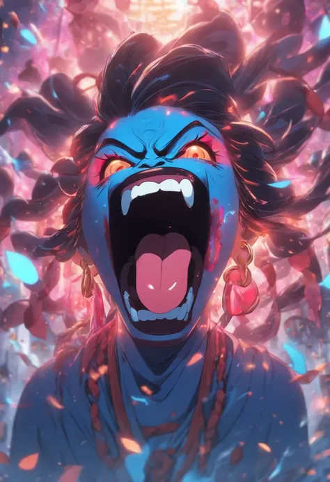 (((Giant Tongue Hindu Goddess))) best quality, ultra-high resolution, 4K detailed CG, master piece, Kali, Hanging Tongue, tongue out, blue, iron gaze, Licking, blood, Hindu mythology, Hinduist, aesthetic, beautiful, image centered on the screen