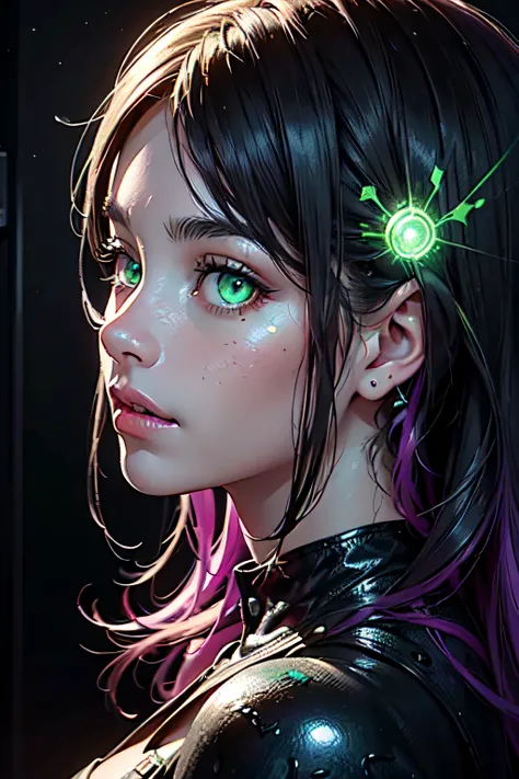 ((Close-up portrait of a girl with green eyes)), with glowing purple eye light, Violet luminous rays, dark fantasy portrait, Portrait in profile, (Cheeky face). Dark Fantasy, realistic 4k digital art, realistic 4k digital art, dark fantasy portrait, Dark F...