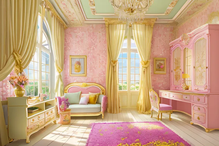 tmasterpiece，high qulity，high high quality，CG，Bedrooms，（The tranquil sunlight stained the pale yellow walls，Shadows spilled on the bronzed floor），pastel colour，blooms，Peaceful and homely feeling，Maidens bedroom