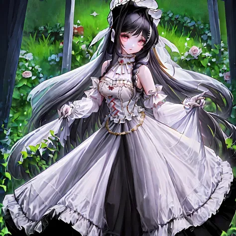 (masterpiece, top quality, best quality, official art, beautiful and aesthetic:1.2), 1girl, long black straight hair,  solo, standing in garden, looking at viewer, white lolita_dress,