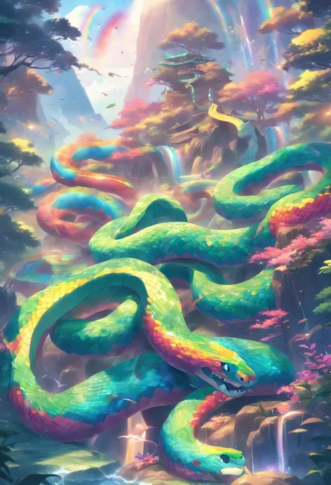 (((Rainbow Snake))) best quality, very high resolution, 4K detailed CG, master piece,Valleys,Mountains, Forest, River, stream, aesthetics, ((Rainbow Snake)), Beautiful image, centered on screen