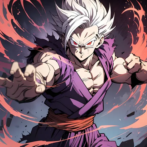 1boy,beast Gohan,white hair,beast Gohan hair,red eyes,BREAK,purple and red gi,highest quality digital art, Stunning art, wallpaper 4k,8k,64k, HD, unparalleled masterpiece, dynamic lighting, cinematic, epic, line sketch, no color,