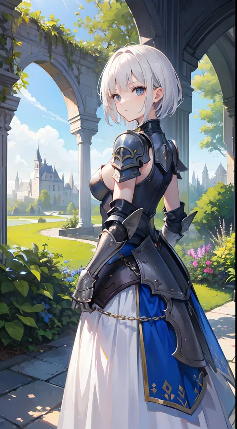 masterpiece, best quality, highress, 1girl, short hair, armor, dress, armored dress, in the garden, castle