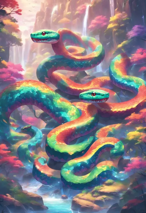 (((Rainbow Snake))) best quality, very high resolution, 4K detailed CG, master piece,Valleys,Mountains, Forest, River, stream, aesthetics, ((Rainbow Snake)), Beautiful image, centered on screen