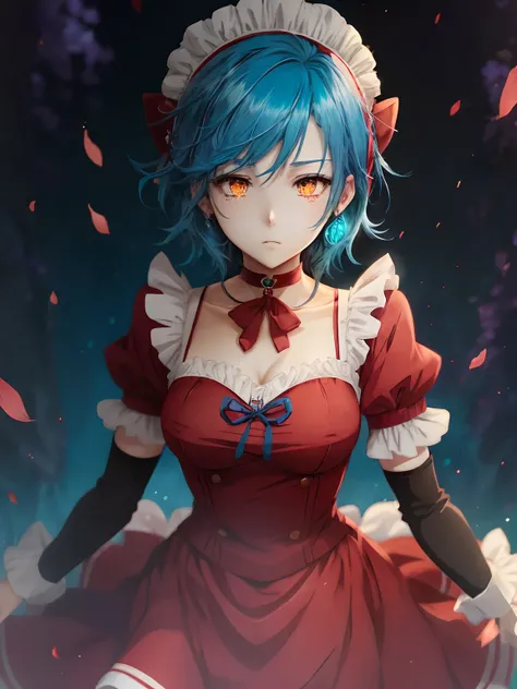 anime style, female character, (((red clothes))), (((blue hair))), short hair, purple choker, yellow eyes, red maid uniform, detailed, 8k, high quality, emotional effects, anime style --auto --s2