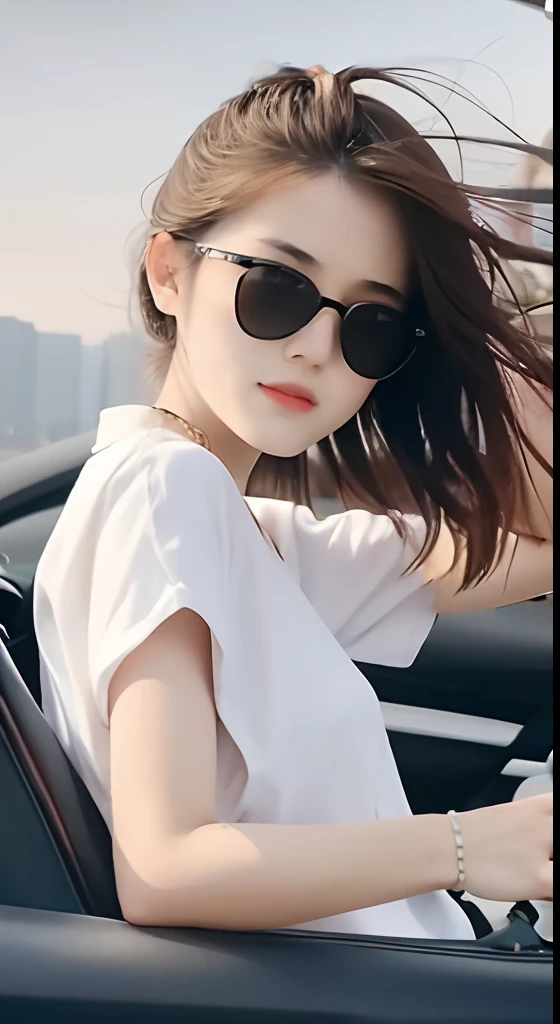 Girl wearing sunglasses，Driving a sports car, Her hair was blown by the wind, Her eyes looked at the road ahead. On the middle of nowhere, She faces the camera from the side，Wear stylish summer short-sleeved shorts.