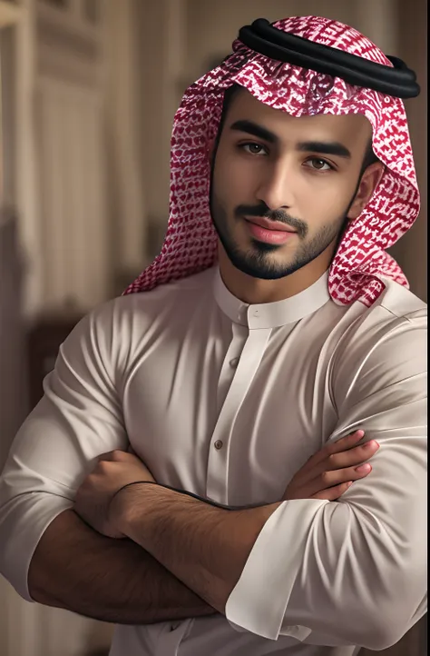 (portrait of saudi guy), muscles, dimples, steamy, thobe, thawb, alluring, gorgeous eyes, wearing ghuṭrah, kaffiyeh