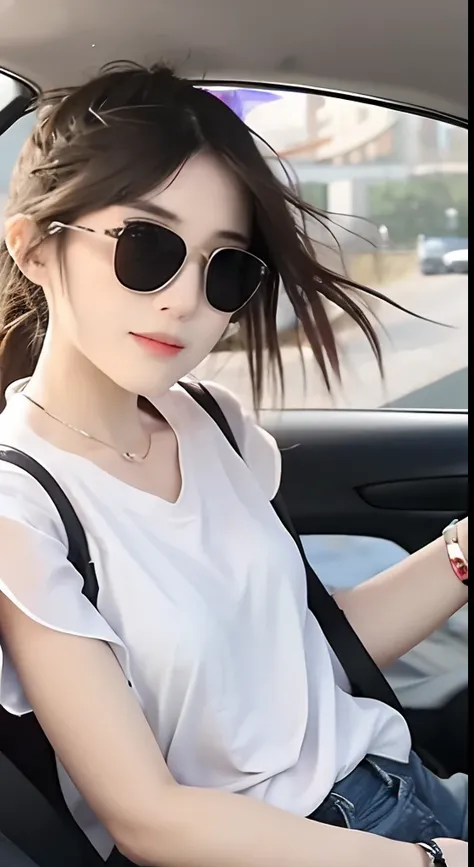 Girl wearing sunglasses，Driving a sports car, Her hair was blown by the wind, Her eyes looked at the road ahead. On the middle of nowhere, She faces the camera from the side，Wear stylish summer short-sleeved shorts.