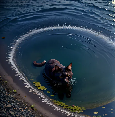 Gato preto sentado em um lugar que tem um lago do lado.