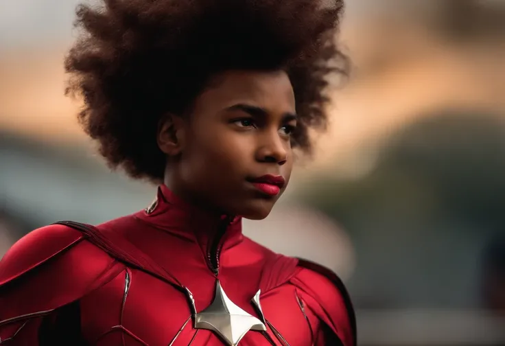 African-American teen boy with afro Mohawk hair using red powers in superhero suit similar to the scarlet witch