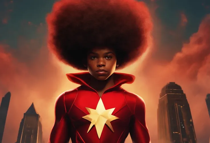 African-American teen boy with afro cut hair using red powers in superhero suit similar to the scarlet witch