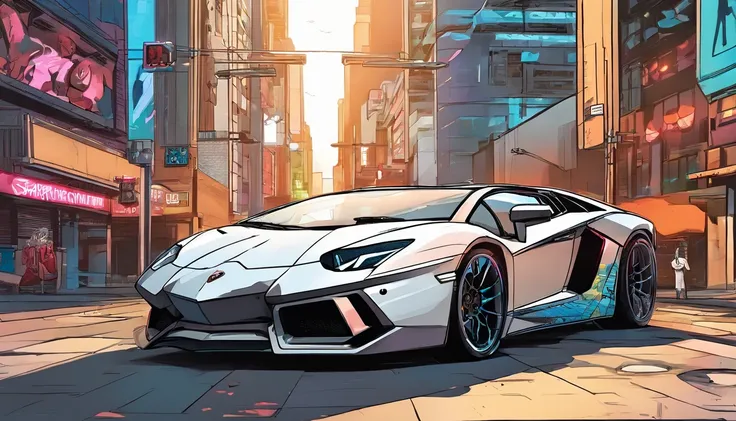 La mejor calidad, Obra maestra, Foto, 4k, fotorrealista, Altamente detallado, Lamborghini aventador, perfil, TechWear, Ciudad Cyberpunk, solamente, futuristic, blanco y negro, por Akira Toriyama, ((1:Relationship object 3:fondo))