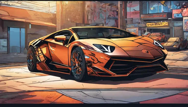 La mejor calidad, Obra maestra, Foto, 4k, fotorrealista, Altamente detallado, Lamborghini aventador, perfil, TechWear, Ciudad Cyberpunk, solamente, futuristic, blanco y negro, por Akira Toriyama, ((1:Relationship object 3:fondo))