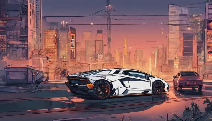 La mejor calidad, Obra maestra, Foto, 4k, fotorrealista, Altamente detallado, Lamborghini aventador, perfil, TechWear, Ciudad Cyberpunk, solamente, futuristic, blanco y negro, por Akira Toriyama, ((1:Relationship object 3:fondo))