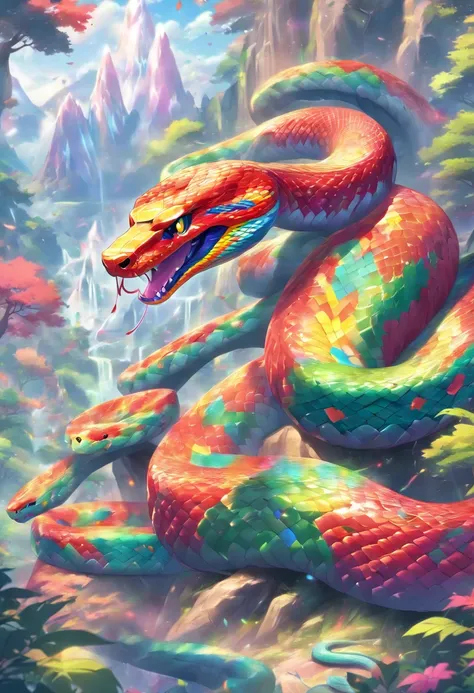 (((Rainbow Snake))) best quality, very high resolution, 4K detailed CG, master piece,Valleys,Mountains, Forest,aesthetics, ((Rainbow Serpent)), Beautiful image, centered on the screen