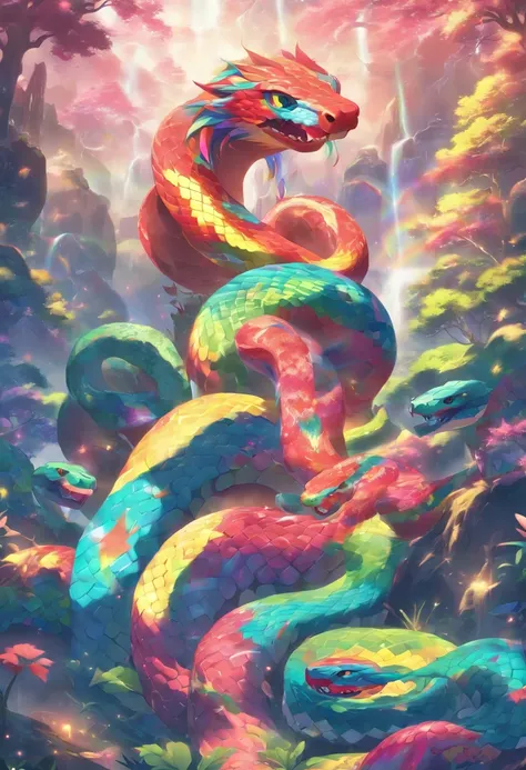 (((Rainbow Snake))) best quality, very high resolution, 4K detailed CG, master piece,Valleys,Mountains, Forest,aesthetics, ((Rainbow Serpent)), Beautiful image, centered on the screen